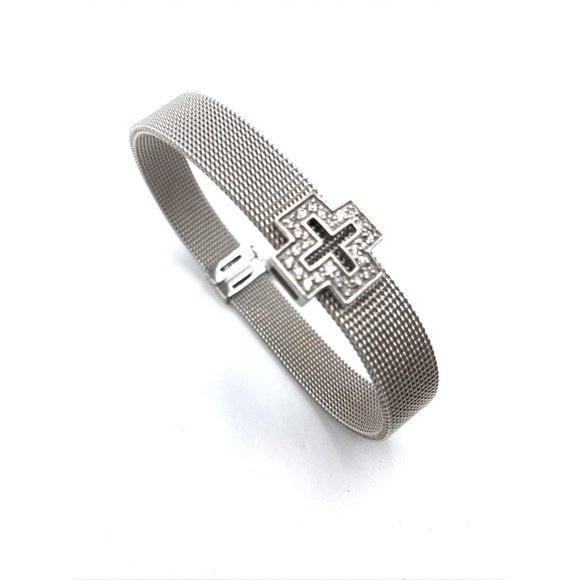 Sterling Silver Mesh Bracelet with CZ Cross Bracelet 7" - Picture 9 of 9